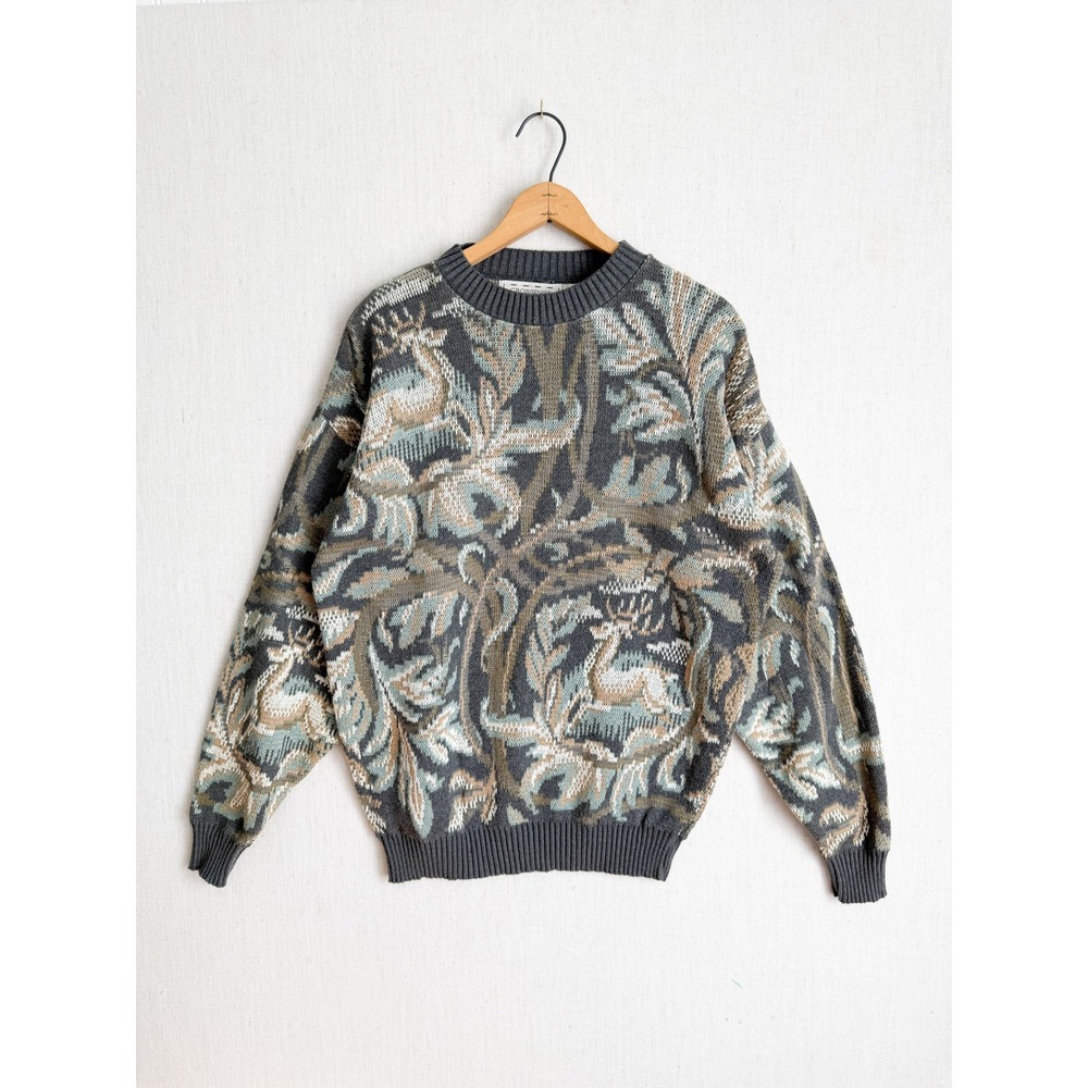 Crossings Vintage Mens Deer Intarsia Knit Cotton Sweater Made in USA Grey M